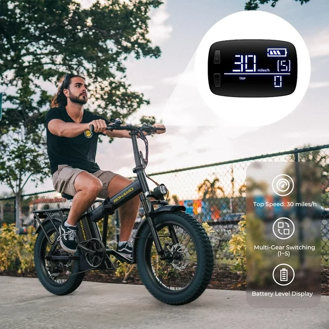 Bicicleta elétrica SOHAMO H3 para adultos, dobrável, com pneus largos de 20 polegadas, motor de 750 W, bateria removível de 48 V 15 Ah, suspensão dianteira e câmbio Shimano de 7 velocidades.