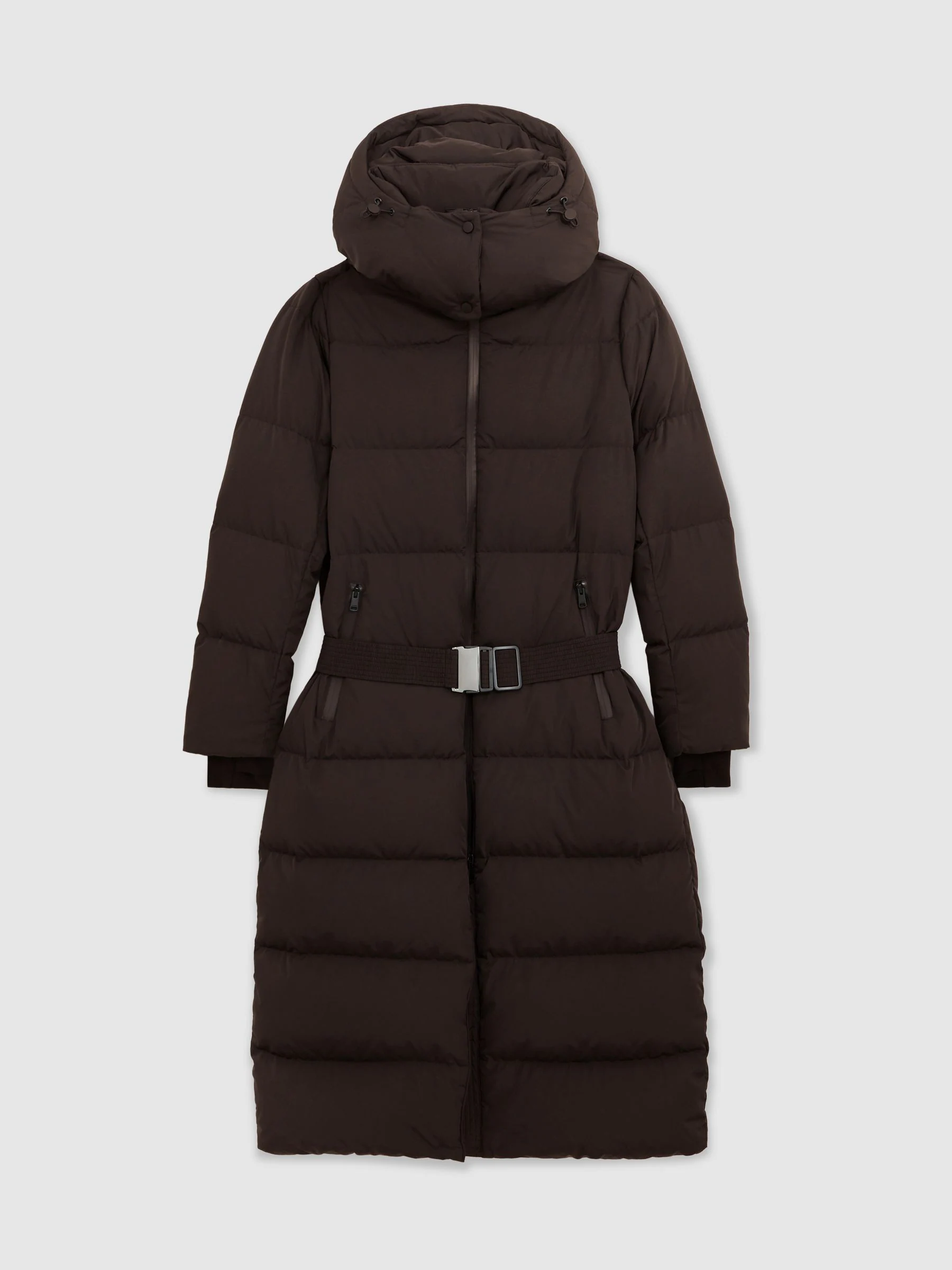 Chocoladebruin - Reiss Colette Belted Longline Hooded Puffer Coat