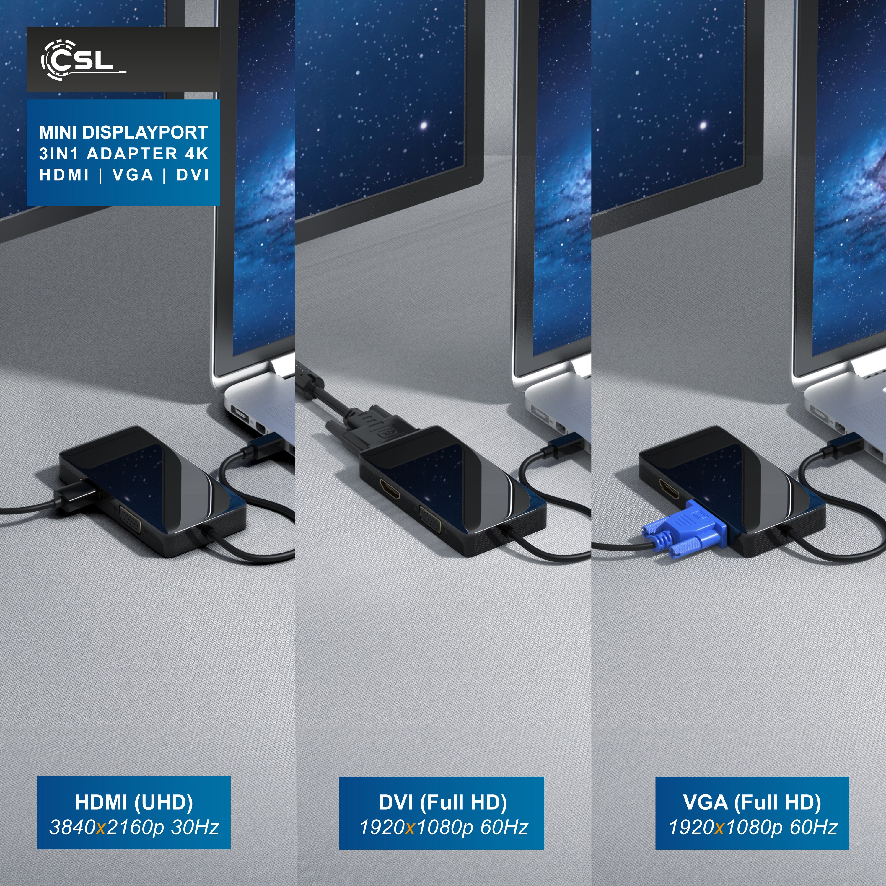 CSL 3in1 Mini DisplayPort zu HDMI, DVI, VGA Adapter Konverter, miniDP 1.2 4k 3840x2160 UHD 2160p, 0,15m