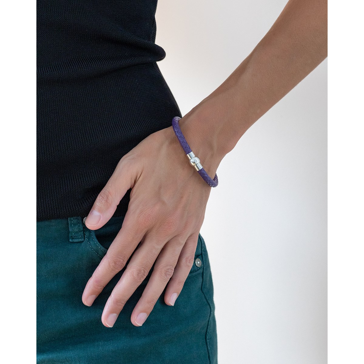 Bracelet acier avec cuir violet
