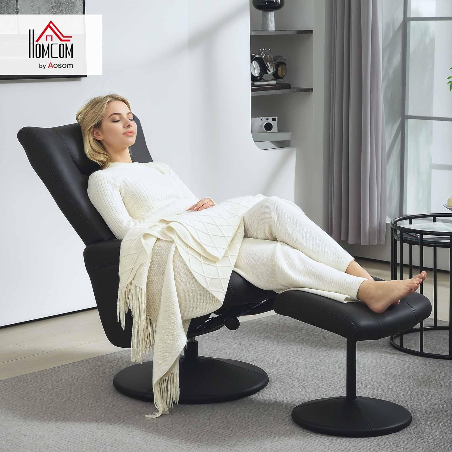 HOMCOM Relaxsessel mit Hocker 360°Drehbarer Fernsehsessel mit Liegefunktion Ruhesessel mit Verstellbar Rückenlehne TV-Sessel bis 150 kg belastbar für Wohnzimmer Kunstleder, Schwarz