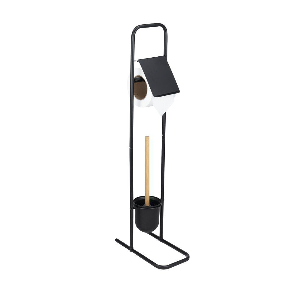 Support papier WC métal noir avec brosse 27x14,5xH79,5cm