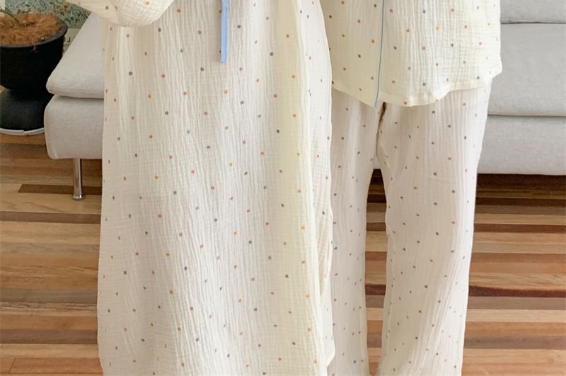 Tanee - Koppel bijpassende pyjamajurk met lange mouwen, strikken hals en stippen / pyjamatop / rechte broek / set (verschillende ontwerpen)