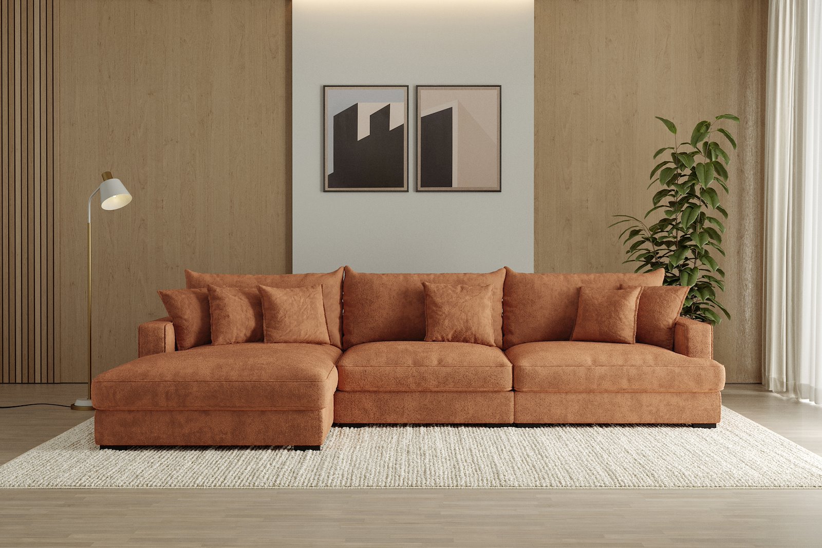 Rossi Lux 3-seter med sjeselong venstre Tekstil Genesis 9 Deep Terra, arm A med sorte ben. Lux Komfort.