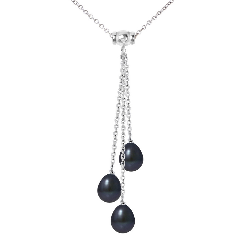 Collier Femme en Argent Massif 925/1000 et 3 Perles de Culture d'eau douce Noires