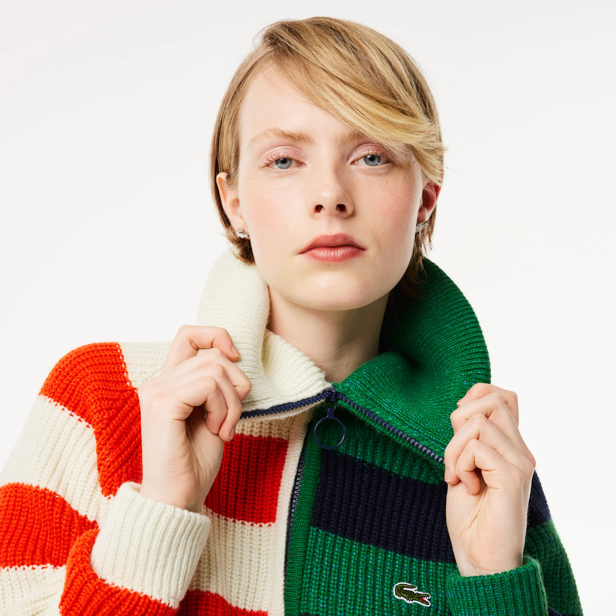 Colourblock-Wollpullover mit Kontraststreifen und Kragen mit Reißverschluss Pullover - Weiss - Lacoste - Damen