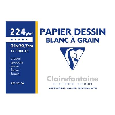 Clairefontaine Dessin à Grain - Pochette papier à dessin - 12 feuilles - A4 - 224 gr - blanc