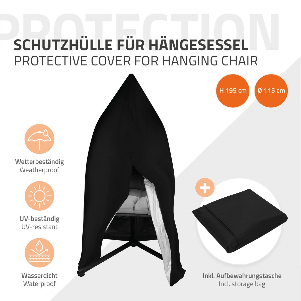ML-Design Hangstoelhoes met rits en trekkoord, 190x115 cm, waterdicht, winddicht, uv-bestendig, zeer sterke scheurbestendige Oxford-stof, hangstoel, hangmand, beschermhoes voor schommelstoel