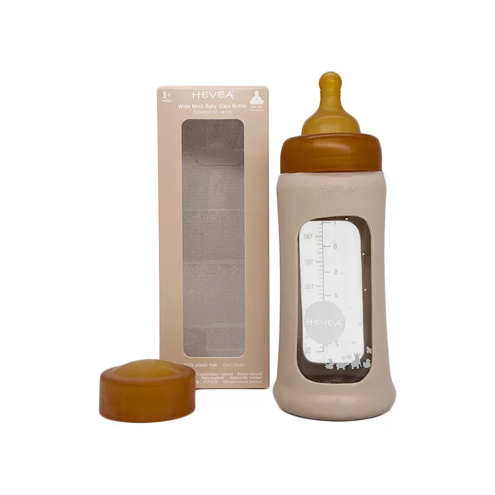 Hevea Glas Sutteflaske Wide Neck med Sleeve 250 ml, Sand - 1 stk.