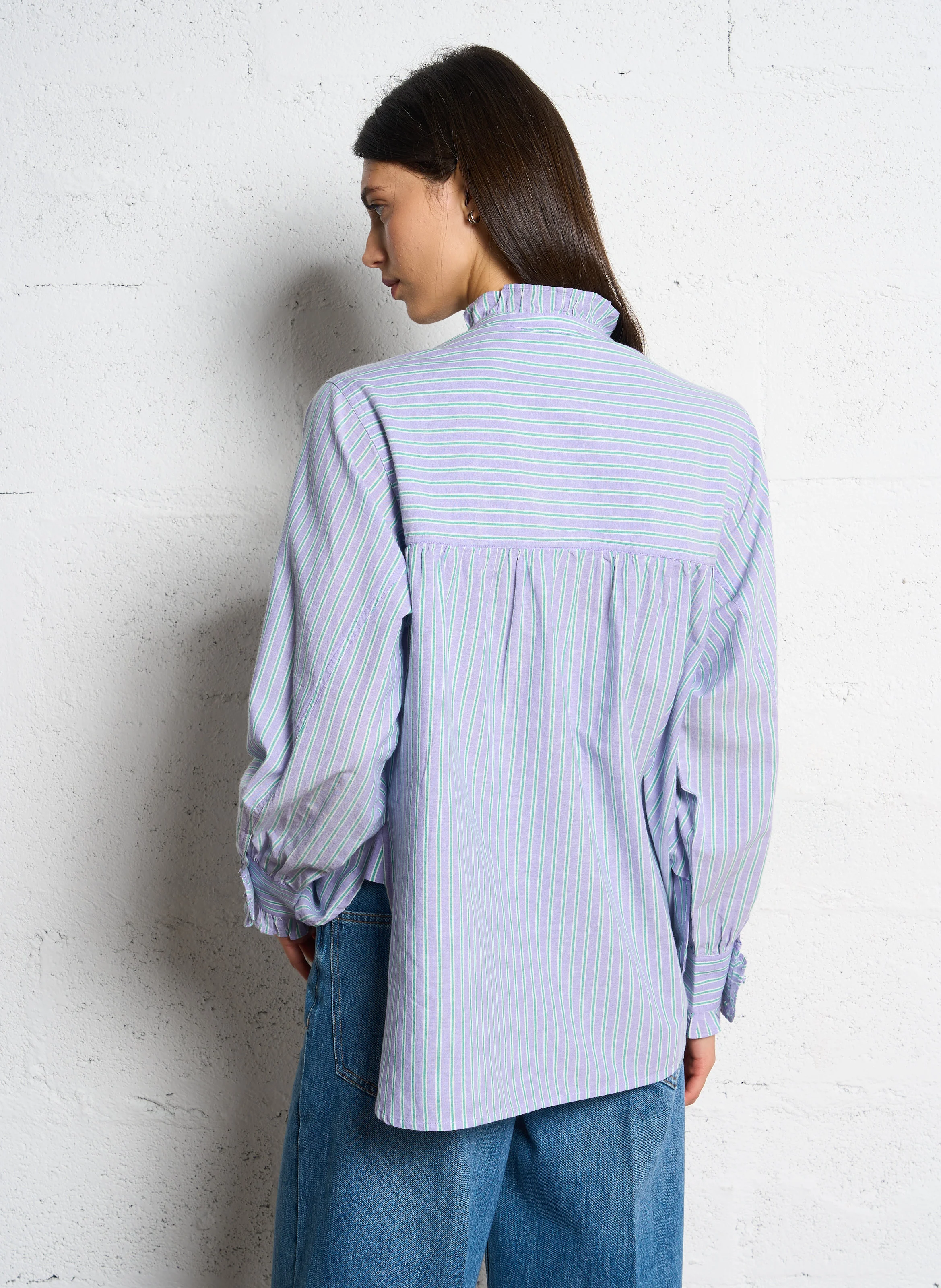 CLAUDIA - Chemise col rond droit en coton rayé | Bleu