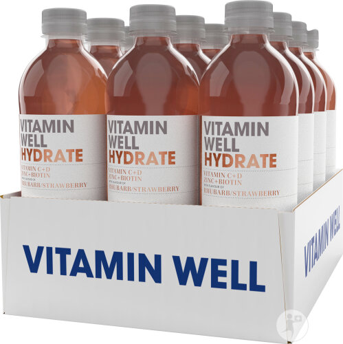 Vitamin Well Hydrate Vitamine C+D+Zinc+ Biotine Boisson Rafraîchissante Rhubarbe/Fraise 12x500ml