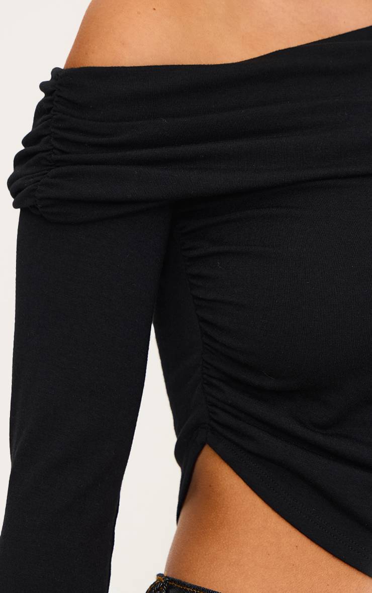 Noir Haut Bardot Noir À Manches Longues En Jersey Contour Avec Détail Col Replié