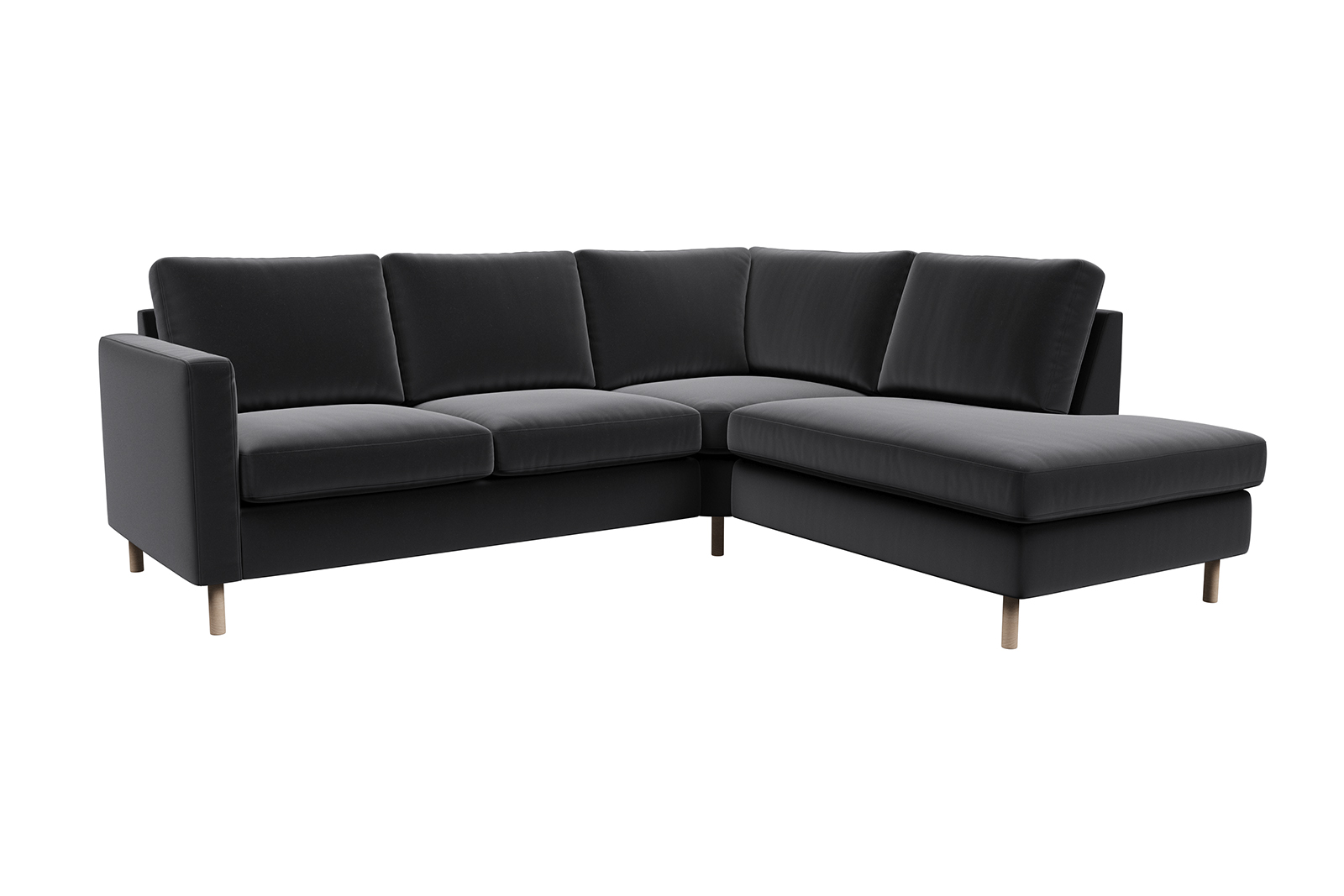 Viken hjørnesofa 2-seter med åpen ende høyre i tekstil Matt Velvet 99 Black med hvitoljet eikeben. Arm B og skum komfort.
