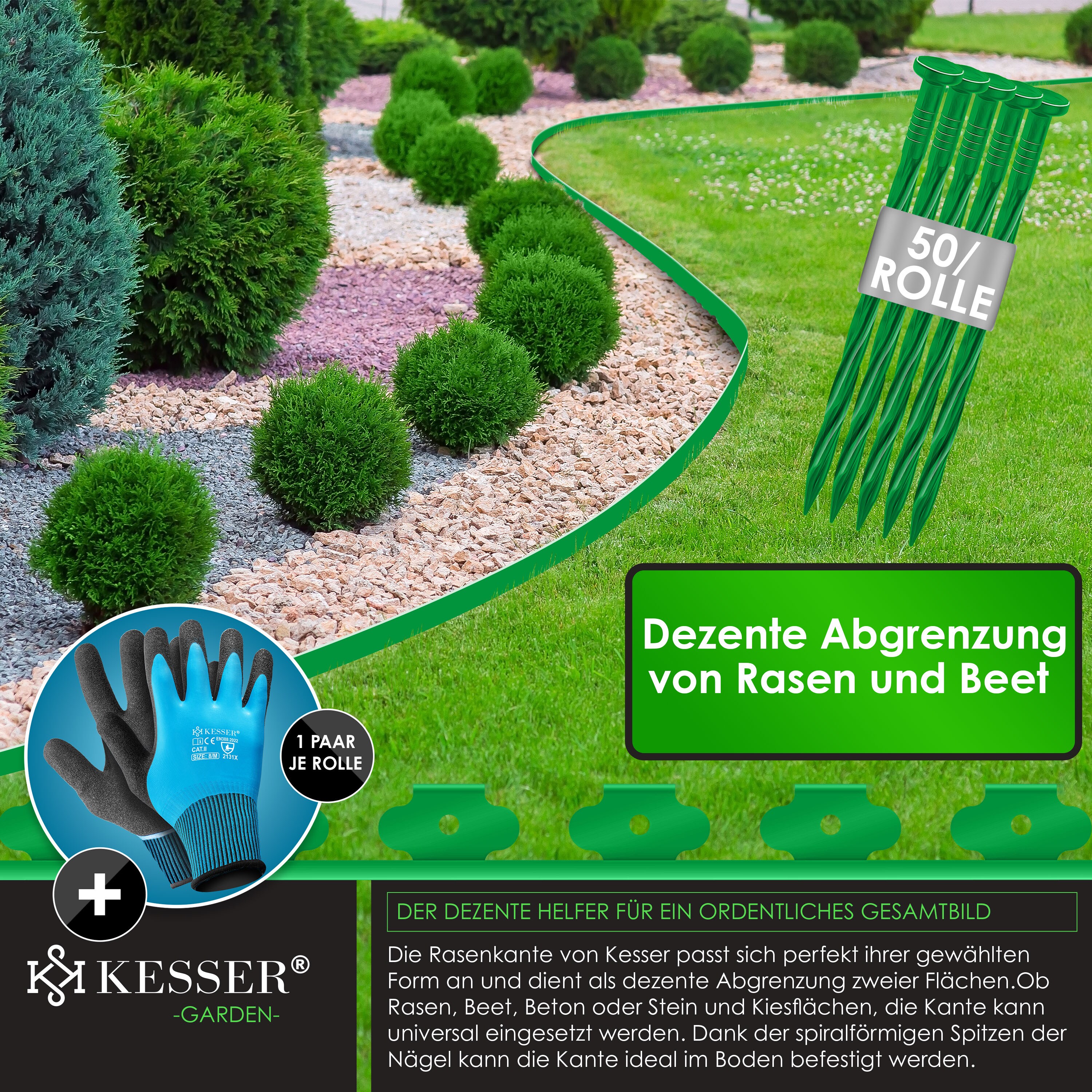 KESSER® Flexible Rasenkante aus Kunststoff Länge 10m Höhe 5cm, mit 50 Erdanker + Handschuhe, Beeteinfassung Beetumrandung Beetbegrenzung Mähkante Pflastersteine Palisade