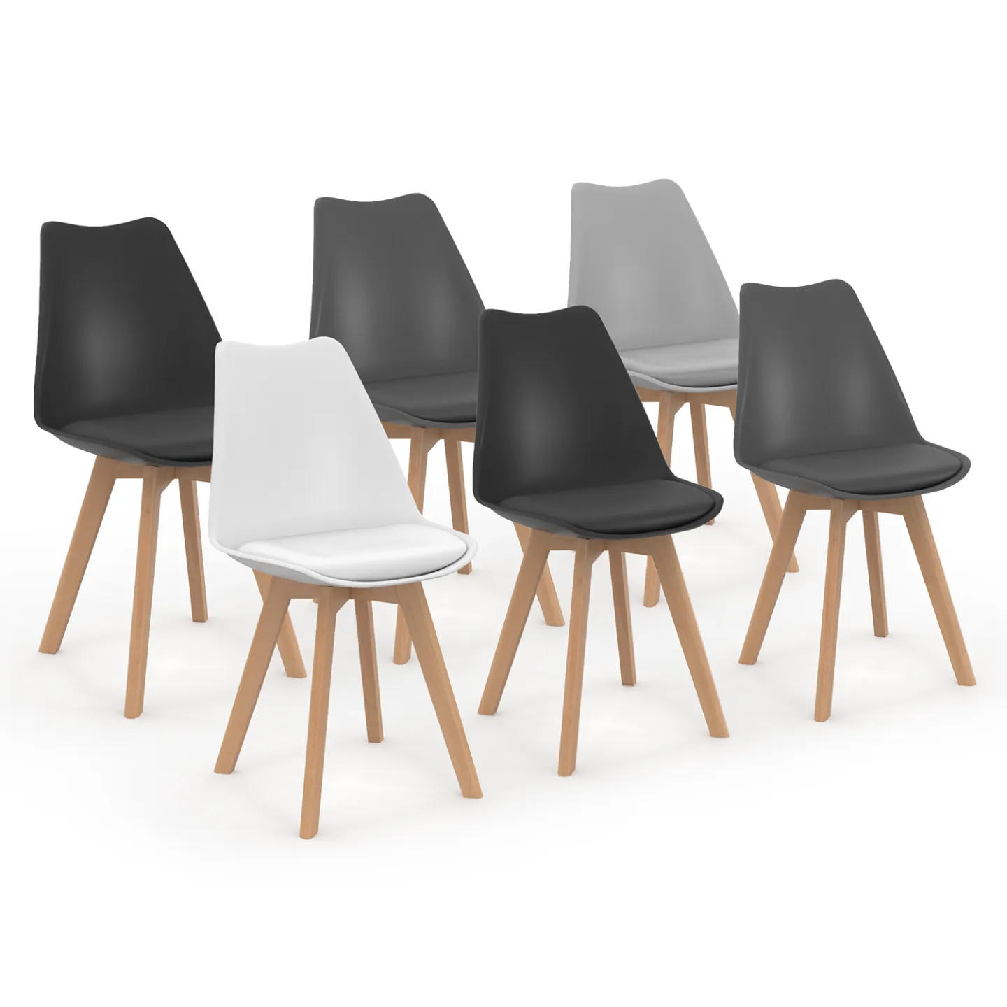 Lot de 6 chaises scandinaves SARA mix color gris clair, blanc, gris foncé x2, noir x2