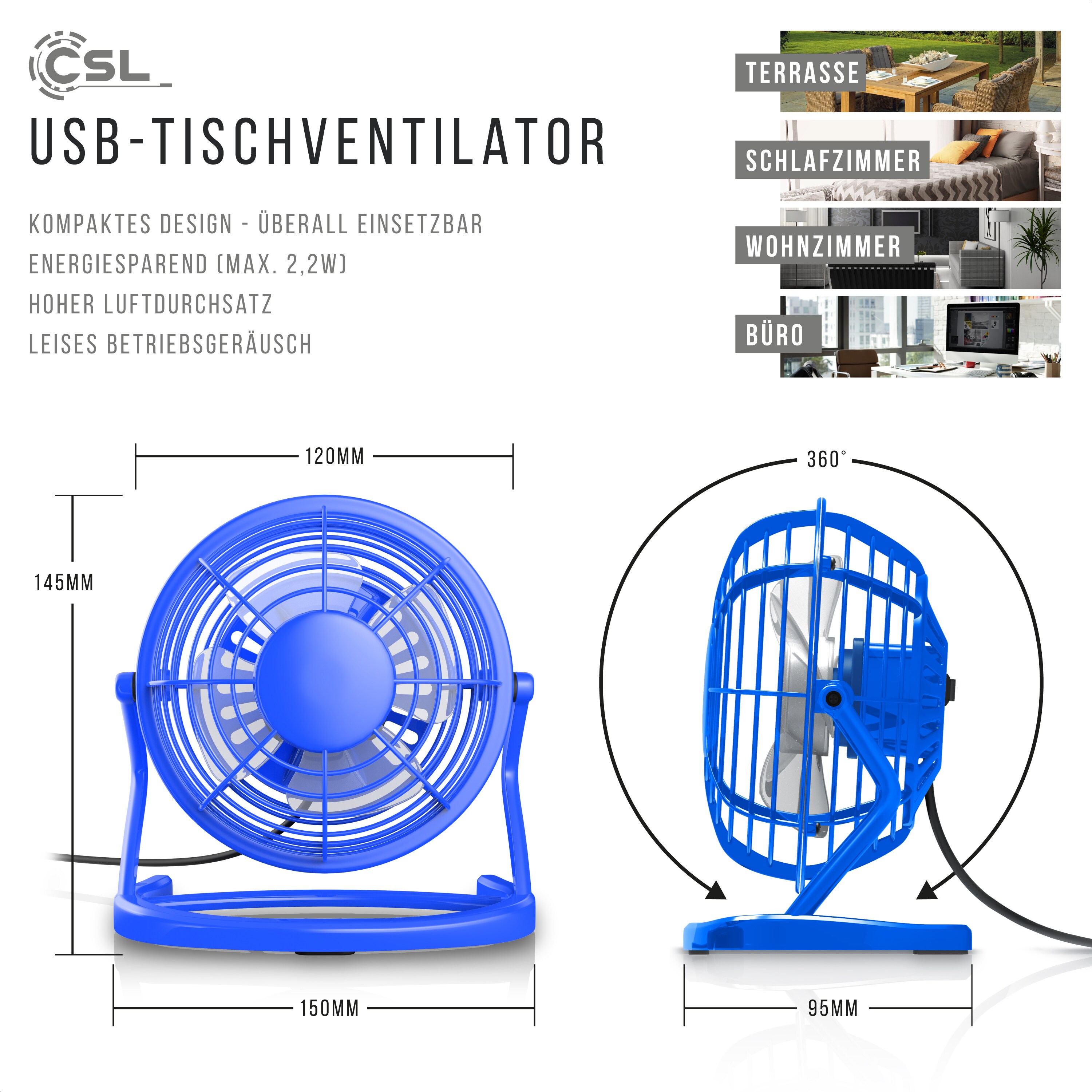 CSL Mini USB-Ventilator, Tischventilator neigbar, An/Aus-Schalter, optimal für den Schreibtisch, blau