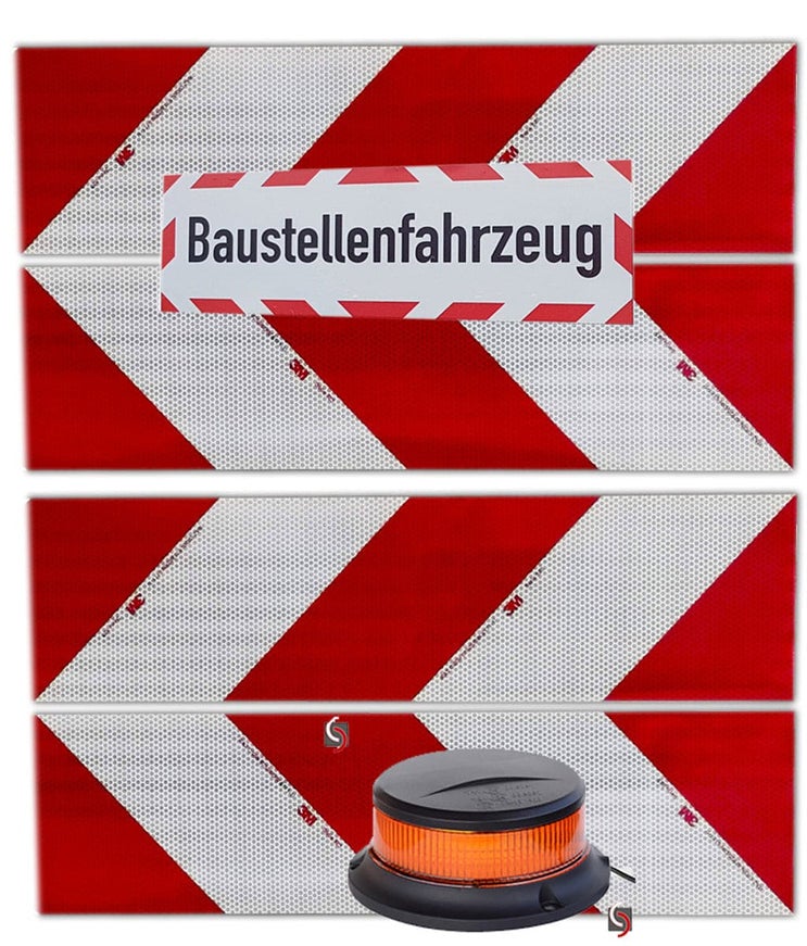 UVV Set 3M Voertuigwaarschuwingsmarkering 823i Set 4 x 564x141 mm + 45 x 15 cm Bouwvoertuig + Magnetisch LED-zwaailicht (vlak licht)