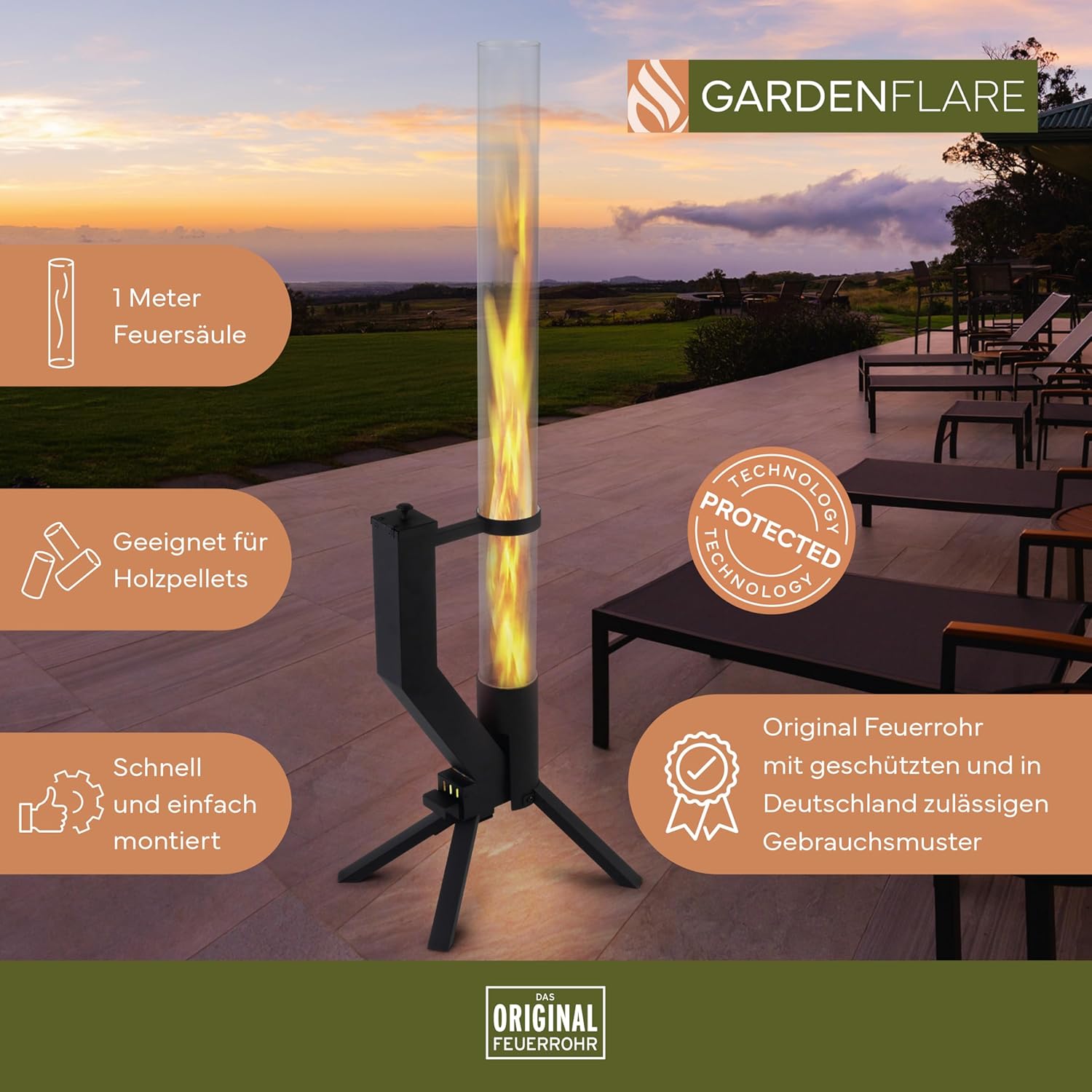 Feuerrohr Klassik – Edelstahl Feuersäule und Pelletfackel für Tolles Ambiente-Feuer – Terrassenheizer und Gartenkamin Alternative für Deine Terrasse und Garten (Schwarz Pulverbeschichtet)