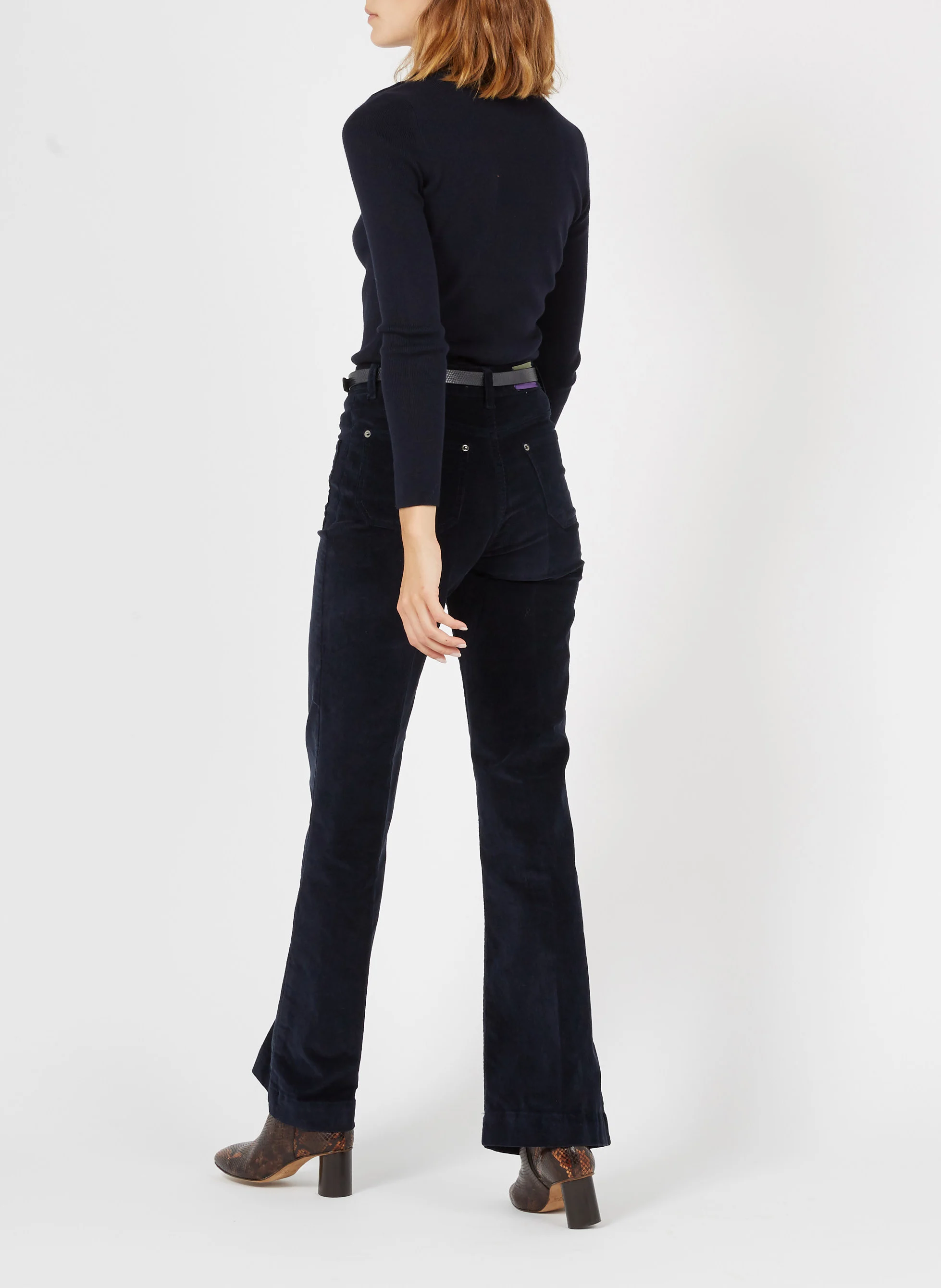 DOMPAY - Pantalon évasé côtelé en coton mélangé | Bleu