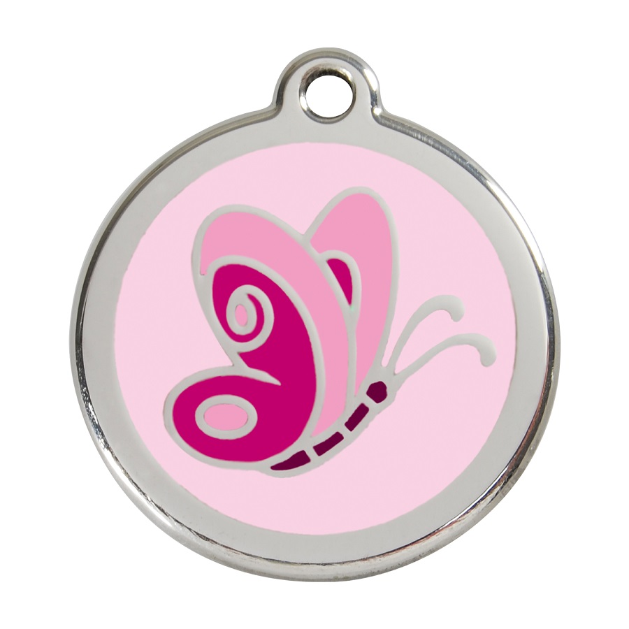 Placa de identificação para cães em aço inoxidável esmaltado com borboleta rosa
