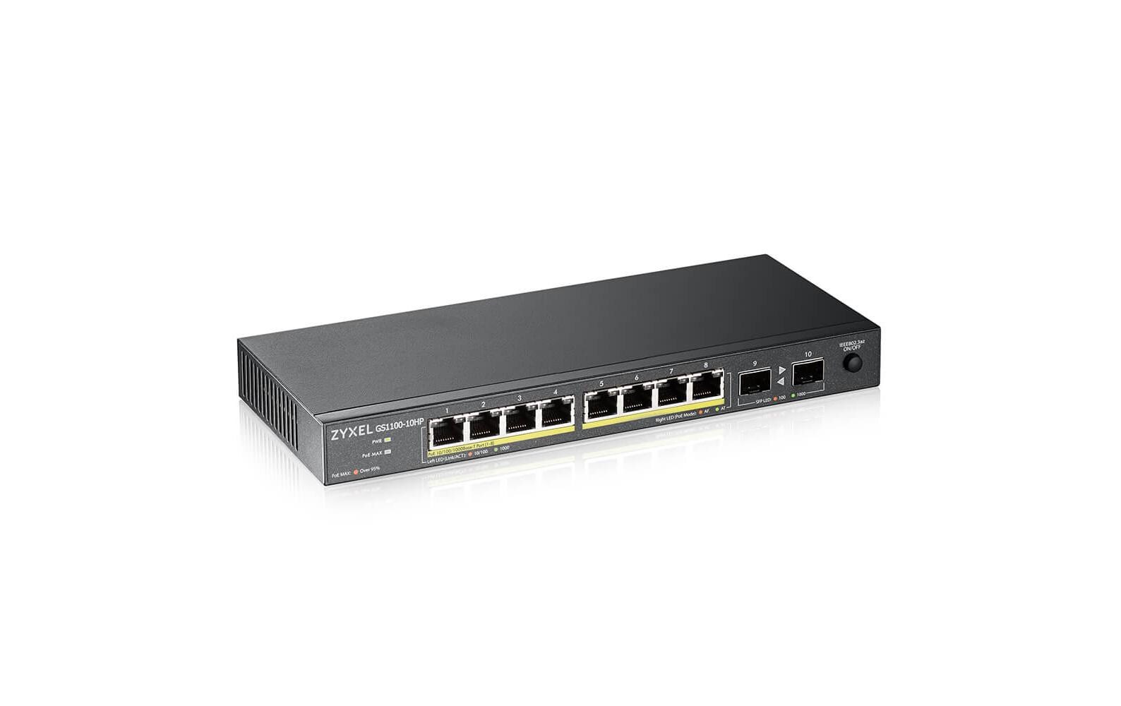 PoE+ Switch GS1100-10HP v2 10 Port<br>Lüfterloser Unmanaged-Gigabit-Switch mit PoE+ und 2x Fiber-Uplink