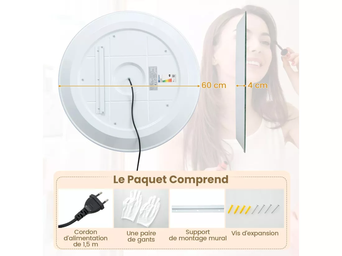 Miroir Salle de Bain LED à 3 Couleurs & Luminosité Réglable, Miroir Mural Anti-Buée, Miroir Lumineux avec Interrupteur Tactile et Fonction Mémoire, Affichage Temps/Température, IP44, Ø 60 CM