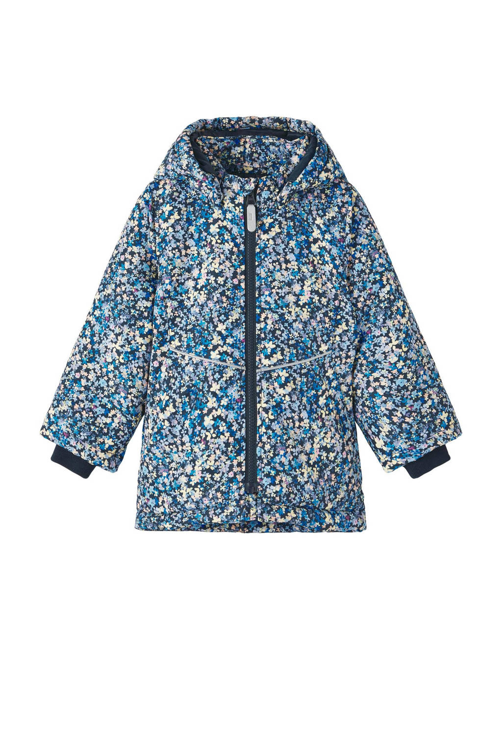 NAME IT gebloemde gewatteerde winterjas NMFMAXI van polyester donkerblauw/lichtblauw