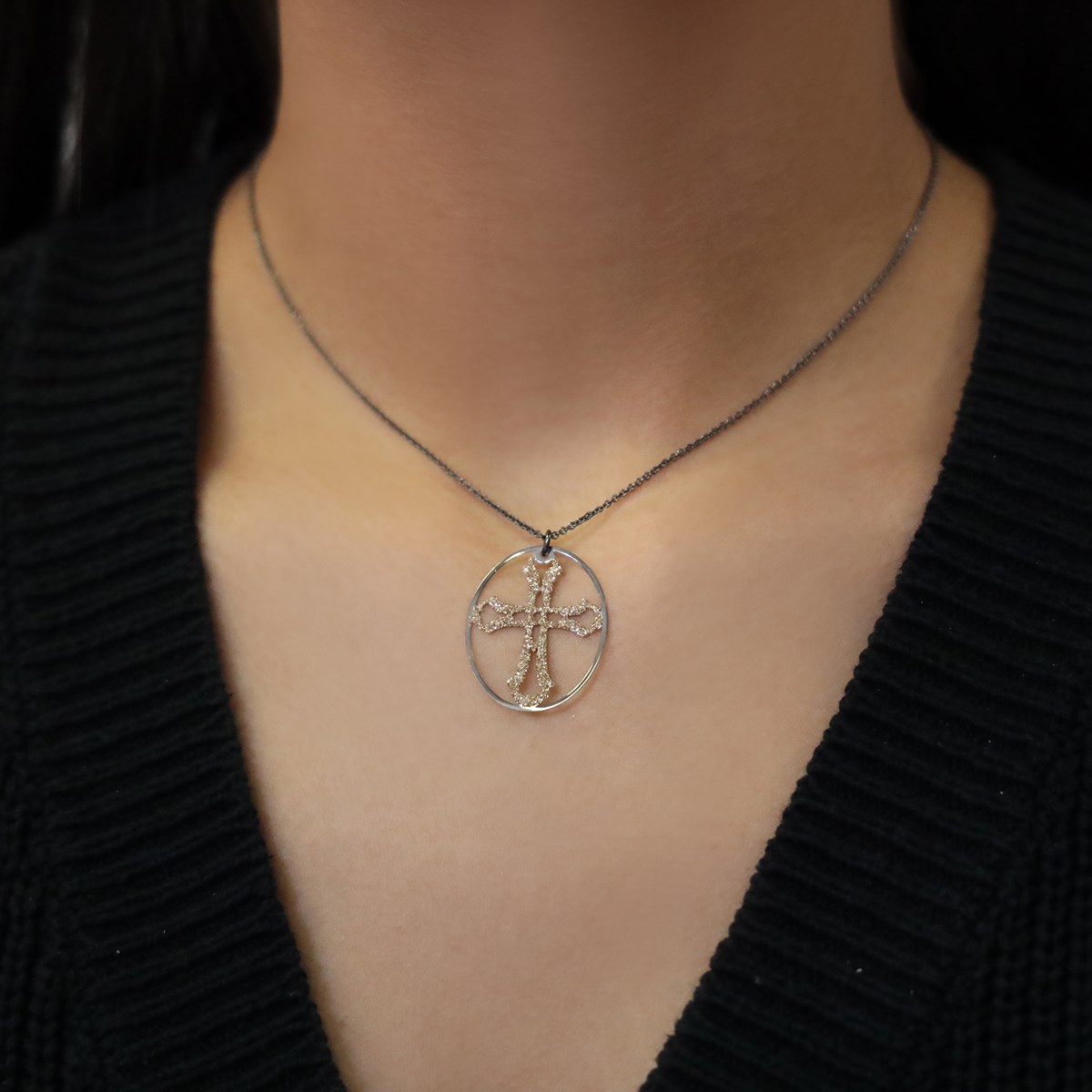 Collier Croix Argent Glitter Blanc