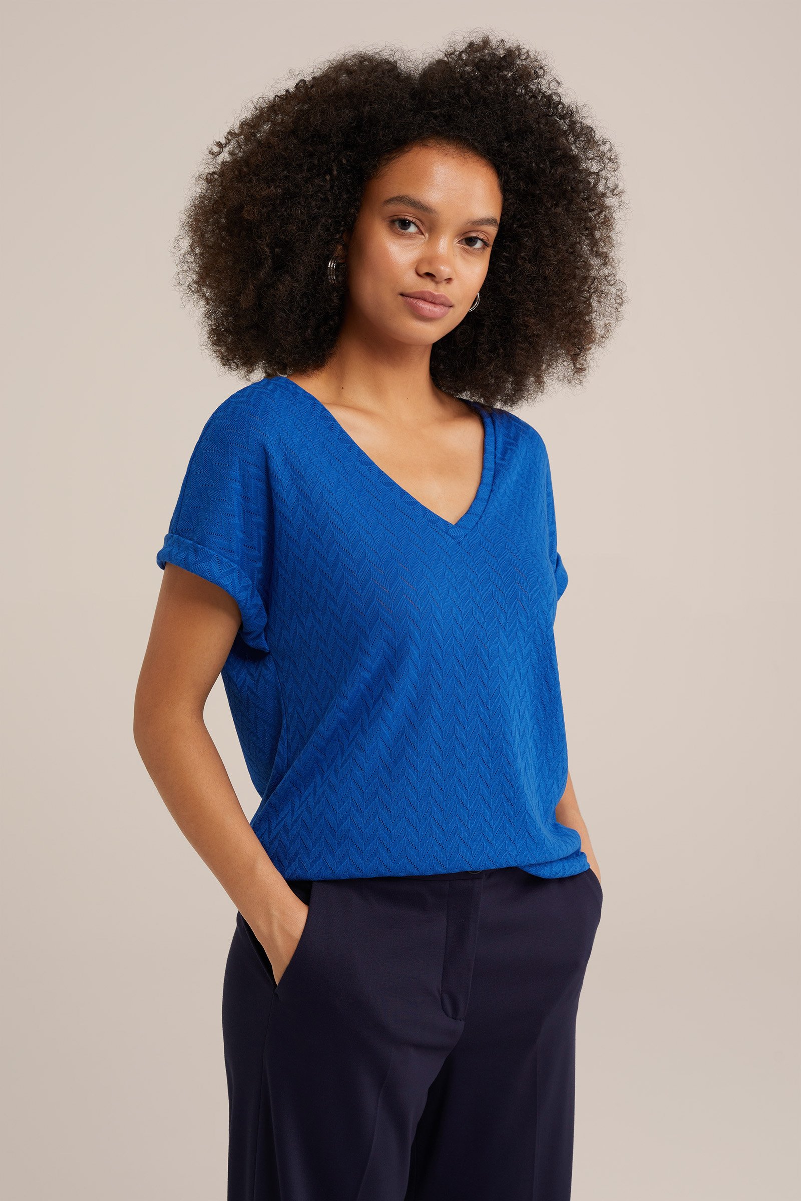 T-shirt met opengewerkt dessin WE Fashion Kobaltblauw