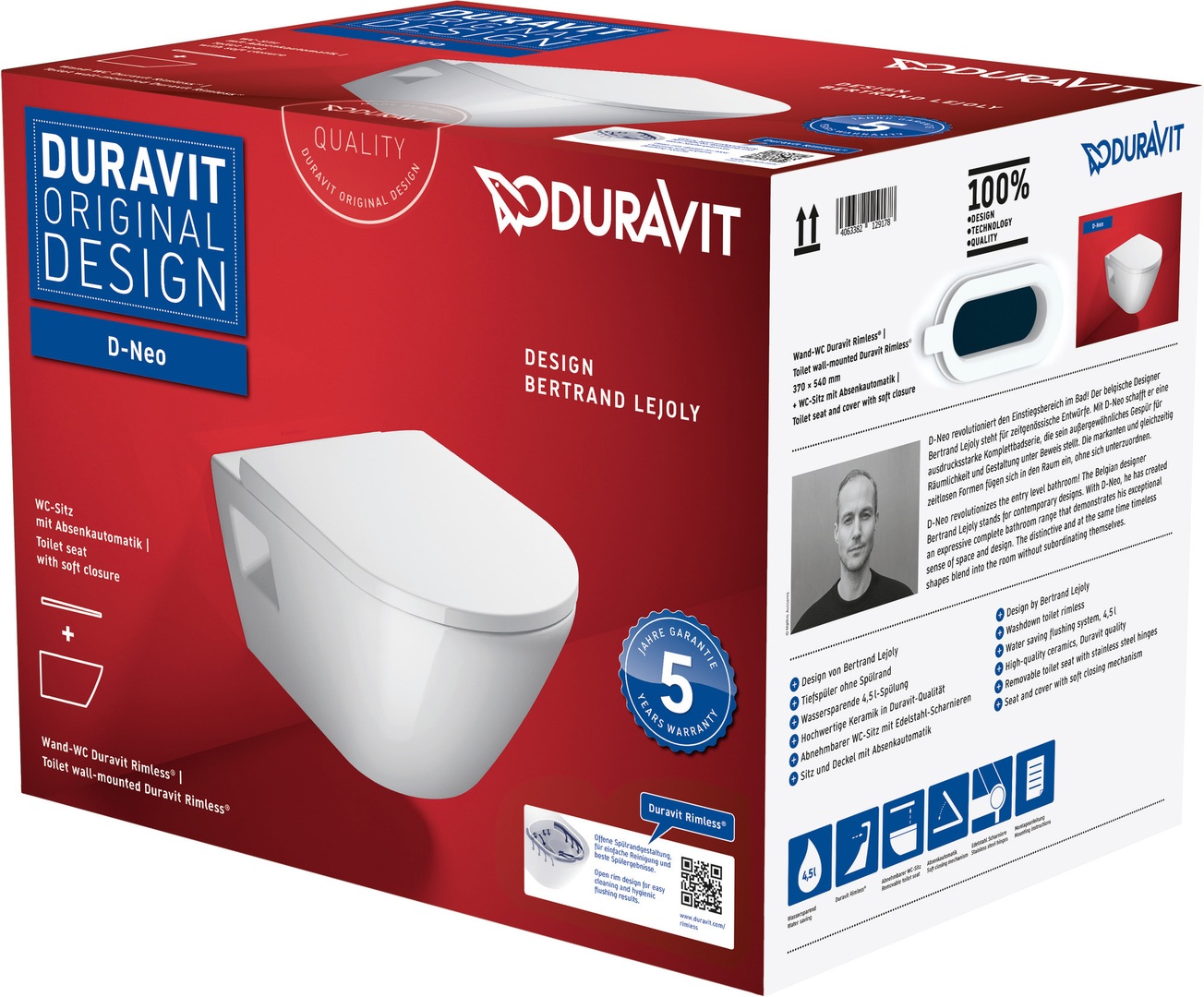 Duravit D-Neo randloos toilet met softclose zitting wit glans