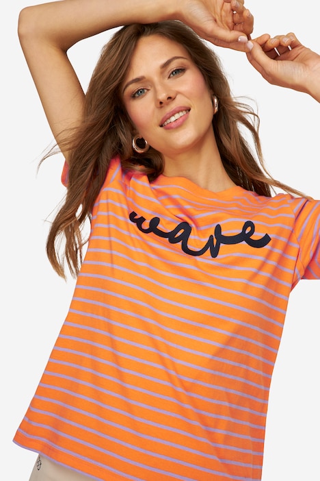 T-Shirt, Ringel, Statement Stickerei, Rundhals, Halbarm, OEKO-TEX