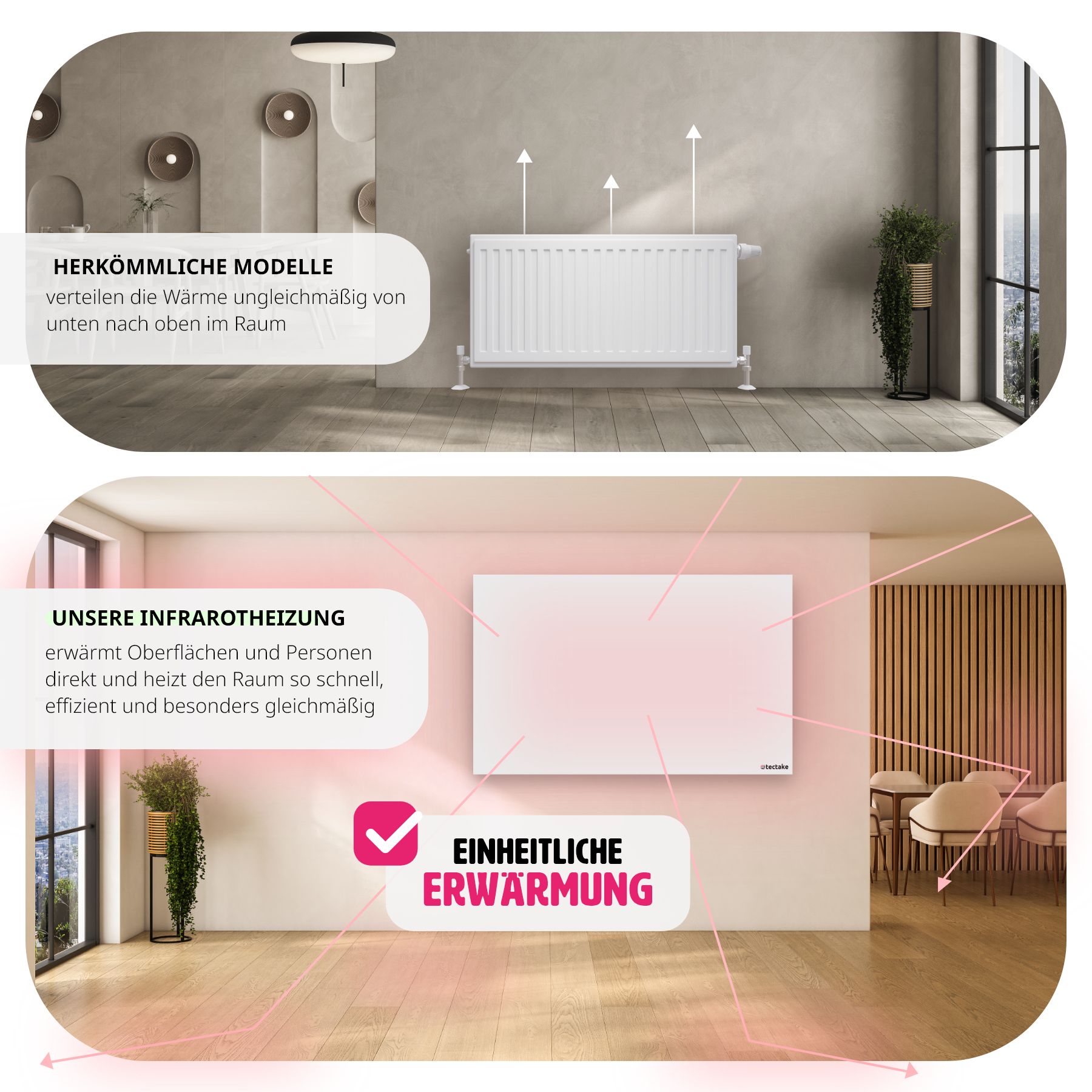 tectake® Infrarotheizung, rahmenlos mit Thermostat, Überhitzungsschutz, einfache Wand- oder Deckenmontage, inklusive Ständer