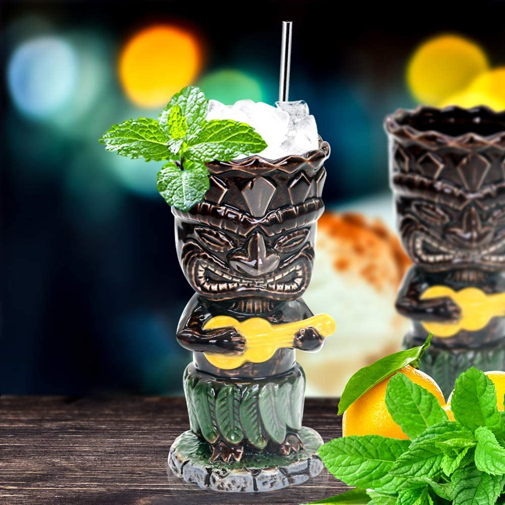 (450ml) 2in1 Keramik Sommer Party Becher Tiki Getränke Cup Deko Vase in Holz Optik - Sami