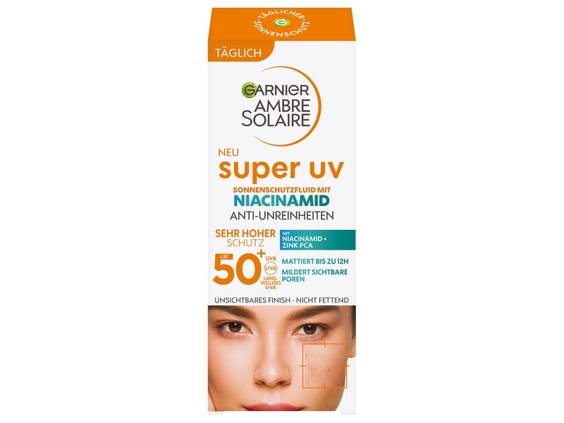 Garnier Ambre Solaire Sonnencreme Anti-imperfection 40 ml Sonnenschutzfluid eignet sich dank seiner mattierenden, nicht fettenden Formel für zu Unreinheiten neigende Haut
