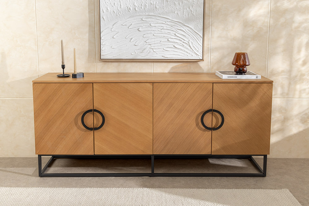 Industrial Sideboard GRANDEZZA 180cm natur Eiche schwarz Metall viel Stauraum