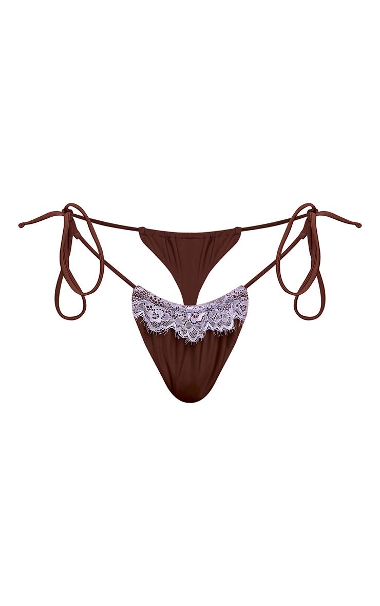 Chocolat Bas De Bikini À Liens Latéraux Avec Bordure En Dentelle Contrastée