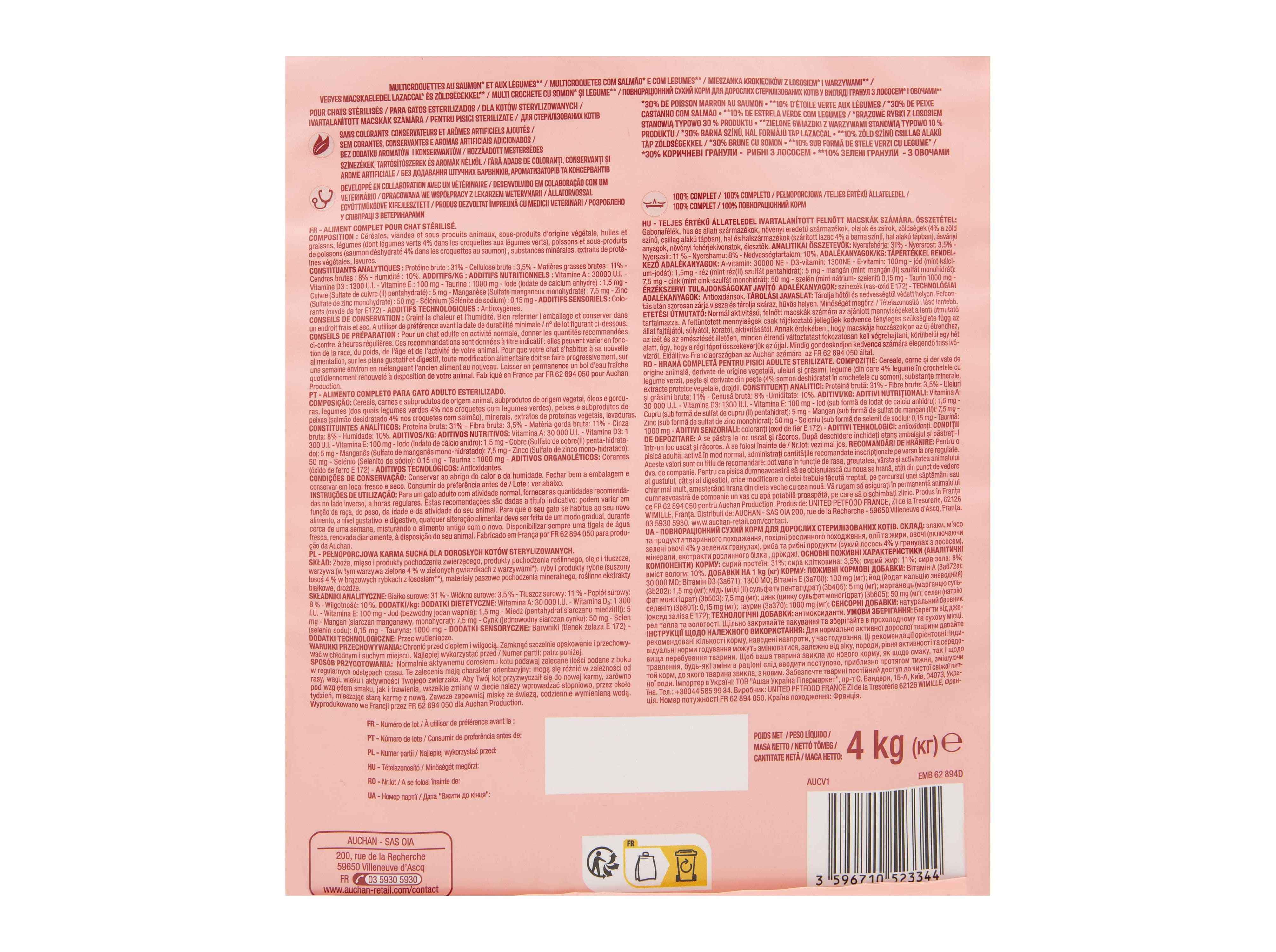 RAÇÃO PARA GATO AUCHAN ESTERILIZADO COM SALMÃO E COM LEGUMES 4KG