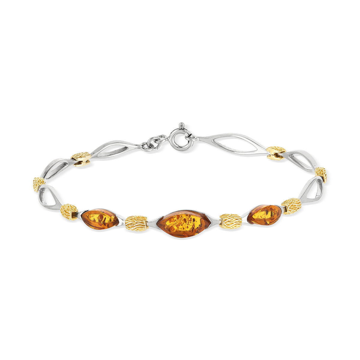 Bracelet argent 925 2 tons ambre 17,5 cm