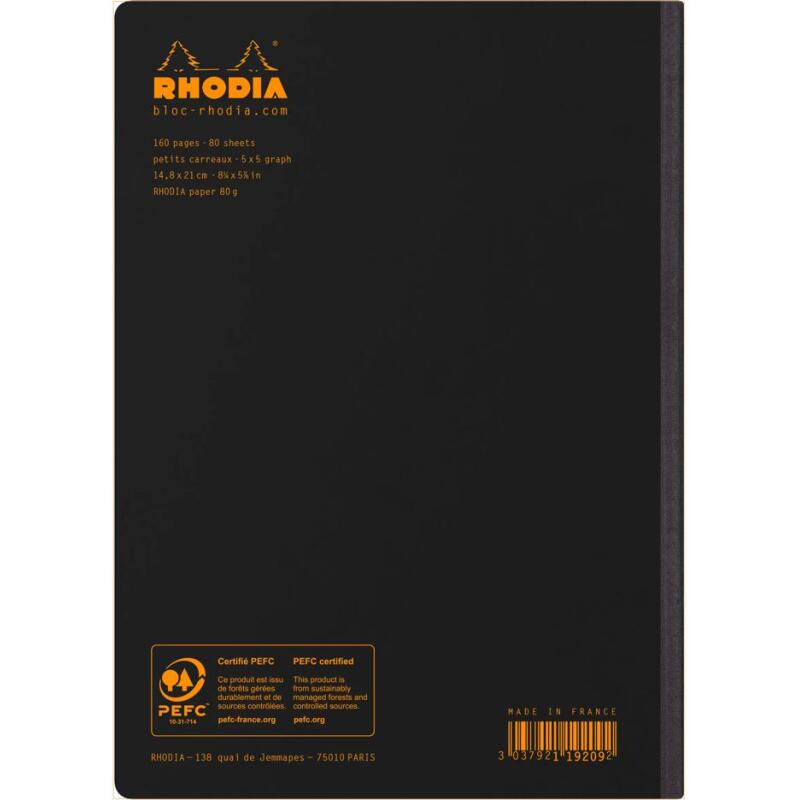 Rhodia Classic Composition book A5 petits carreaux 5x5 160 pages 80g non microperforé - Noir
