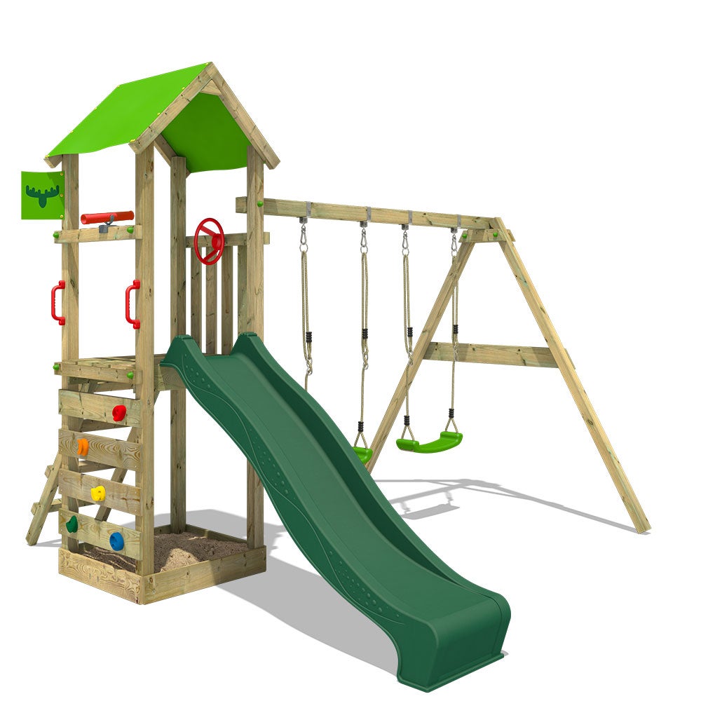 FATMOOSE KiwiKey speeltoren met schommel en groene glijbaan, zandbak, ladder en speelaccessoires