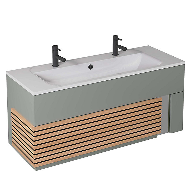 Meuble sous vasque à suspendre Archi grège mat 120 cm + plan vasque en Céramyl® Decotec pour 2 mitigeurs