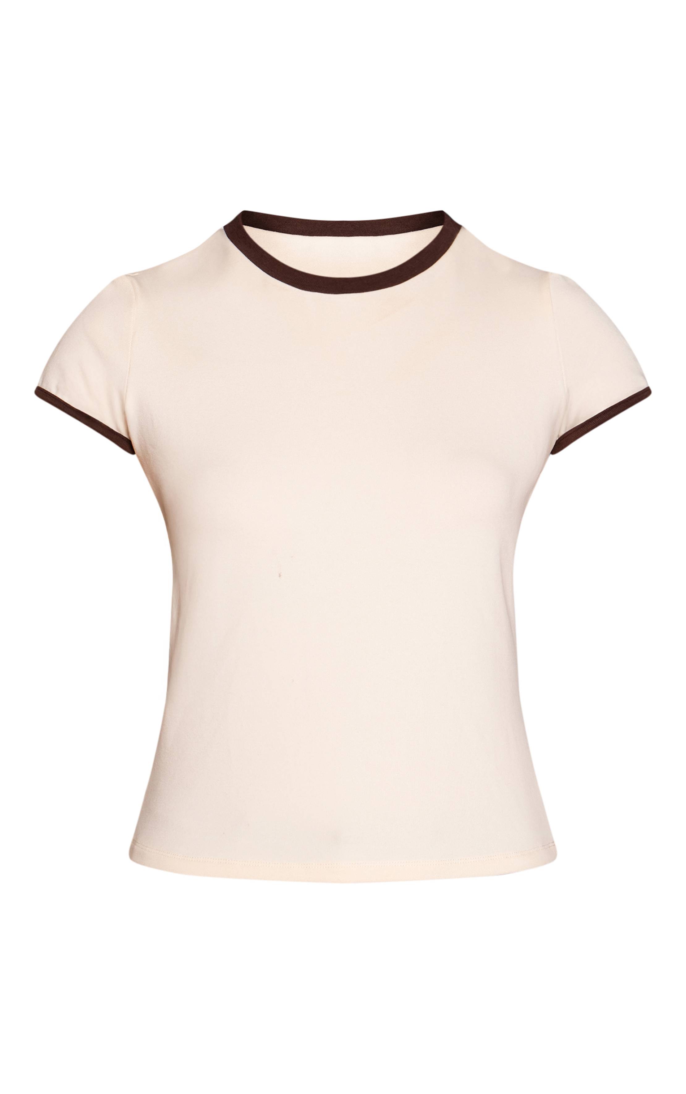 Crème T-shirt À Manches Courtes En Tissu Doux Extensible Avec Finitions Contrastées