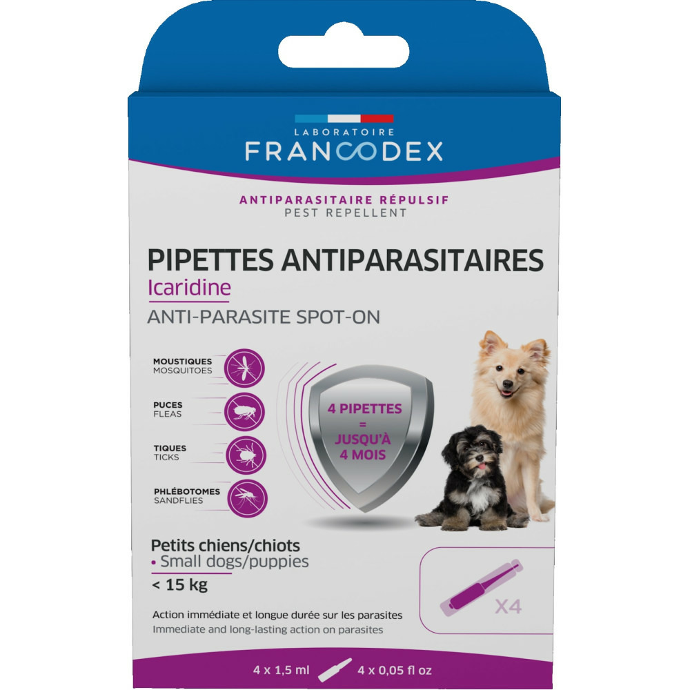4 pipettes antiparasitaires icaridine pour chiot et petit chien