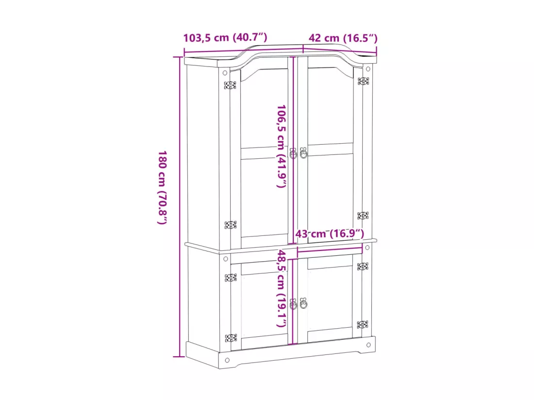 Vitrine en verre Corona 103,5x42x180 cm bois de pin massif