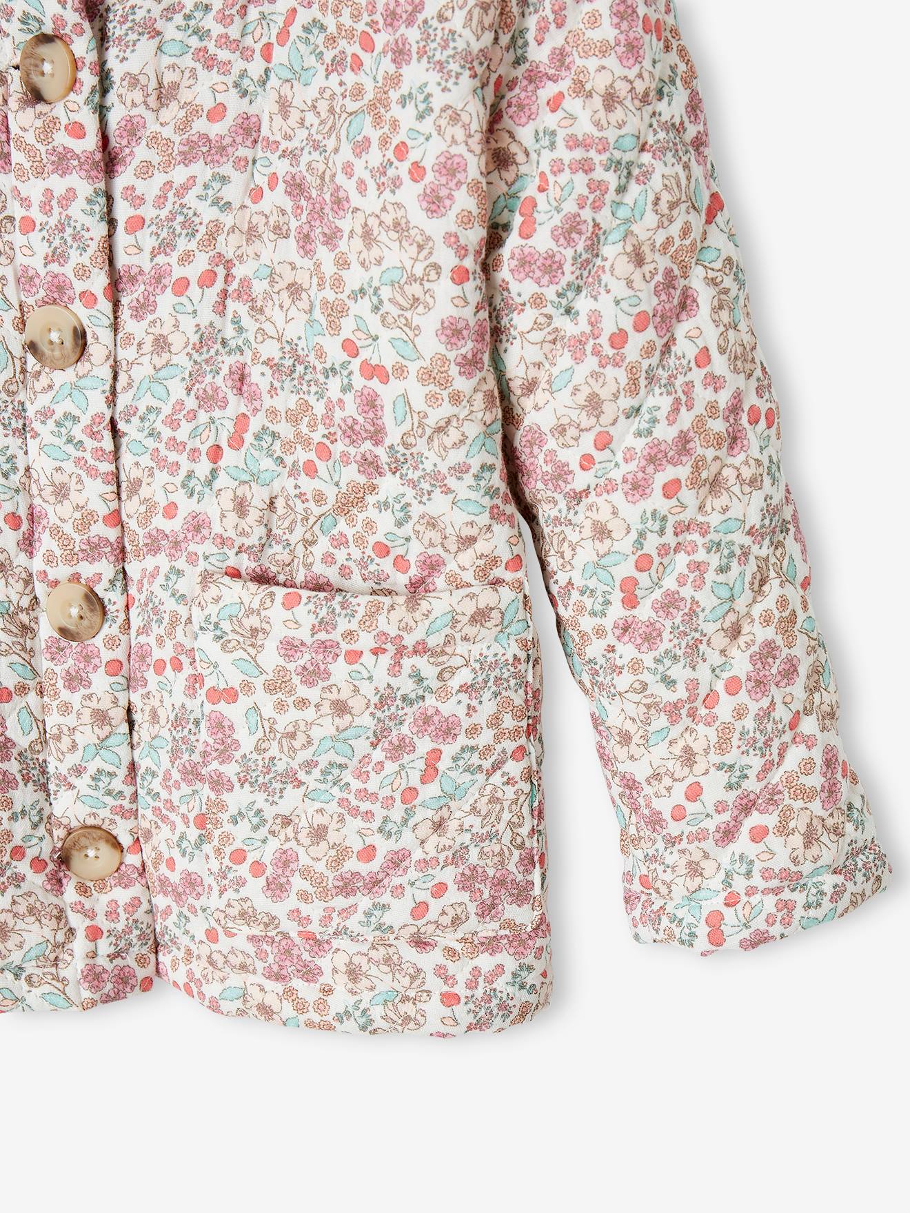Jaqueta acolchoada off-white com estampa floral para meninas