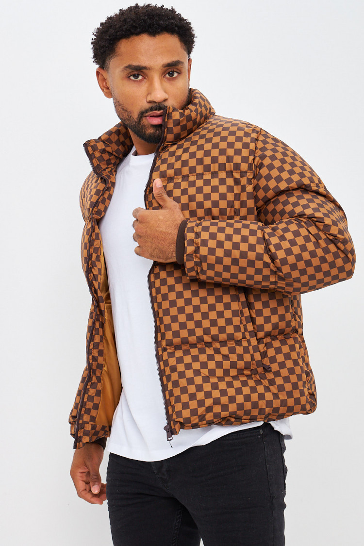 Doudoune matelassée marron à damier