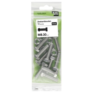 KARWEI zeskantbout voldraad rvs M8x30 mm 10 stuks