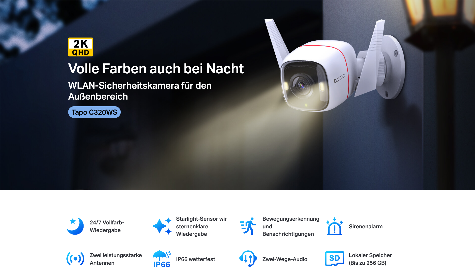 Tapo C320WS Outdoor WiFi Kamera 4MP (2560x1440p) Vollfarb Nachtsichtfunktion und Bewegungserkennung / Audio / Micro SD Slot / (iOS/Android)