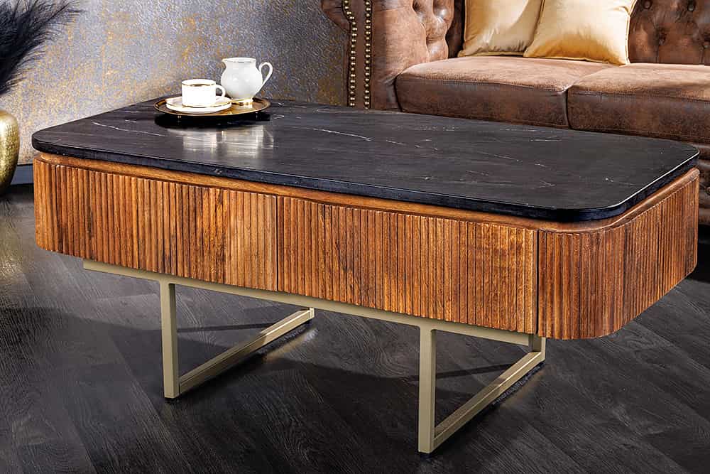 Design Couchtisch GATSBY 110cm Mangoholz massiv Marmor-Platte Retro mit Schubladen gold