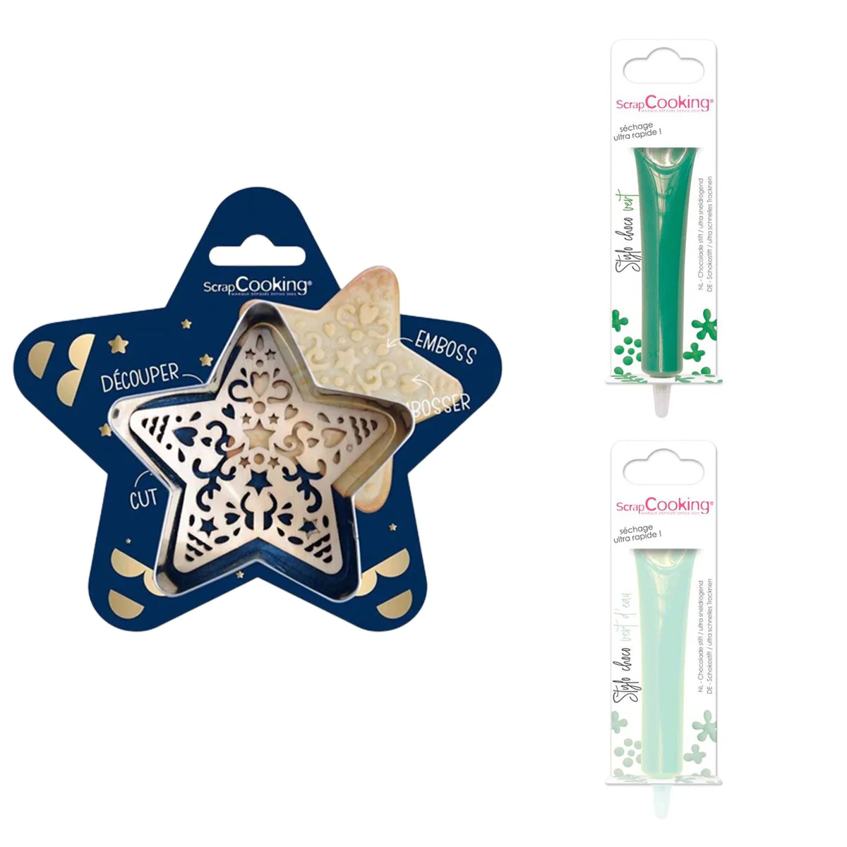 Kit pour biscuit en relief Étoile + 2 Stylos au chocolat vert et vert